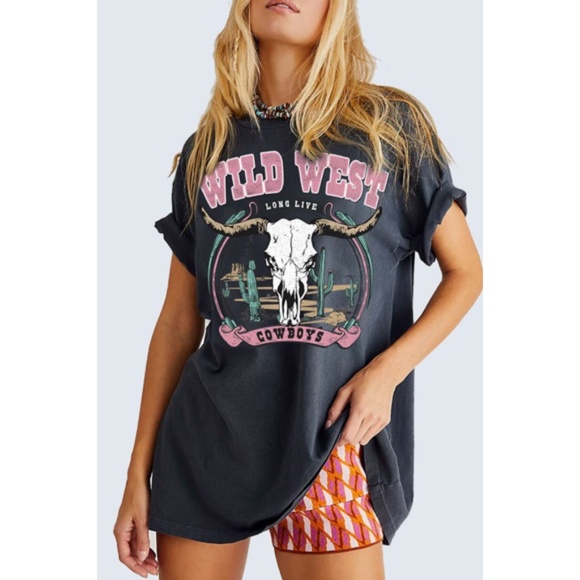 Tops - SOLD OUT Mineral Black Wild West Long Live Cowboys Western Oversized Relaxed Fit